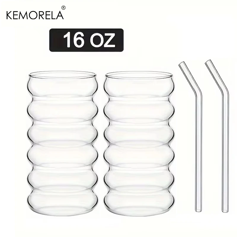 Elegant Wave-Shaped Vintage Glass Cups with Straws, 500ML,