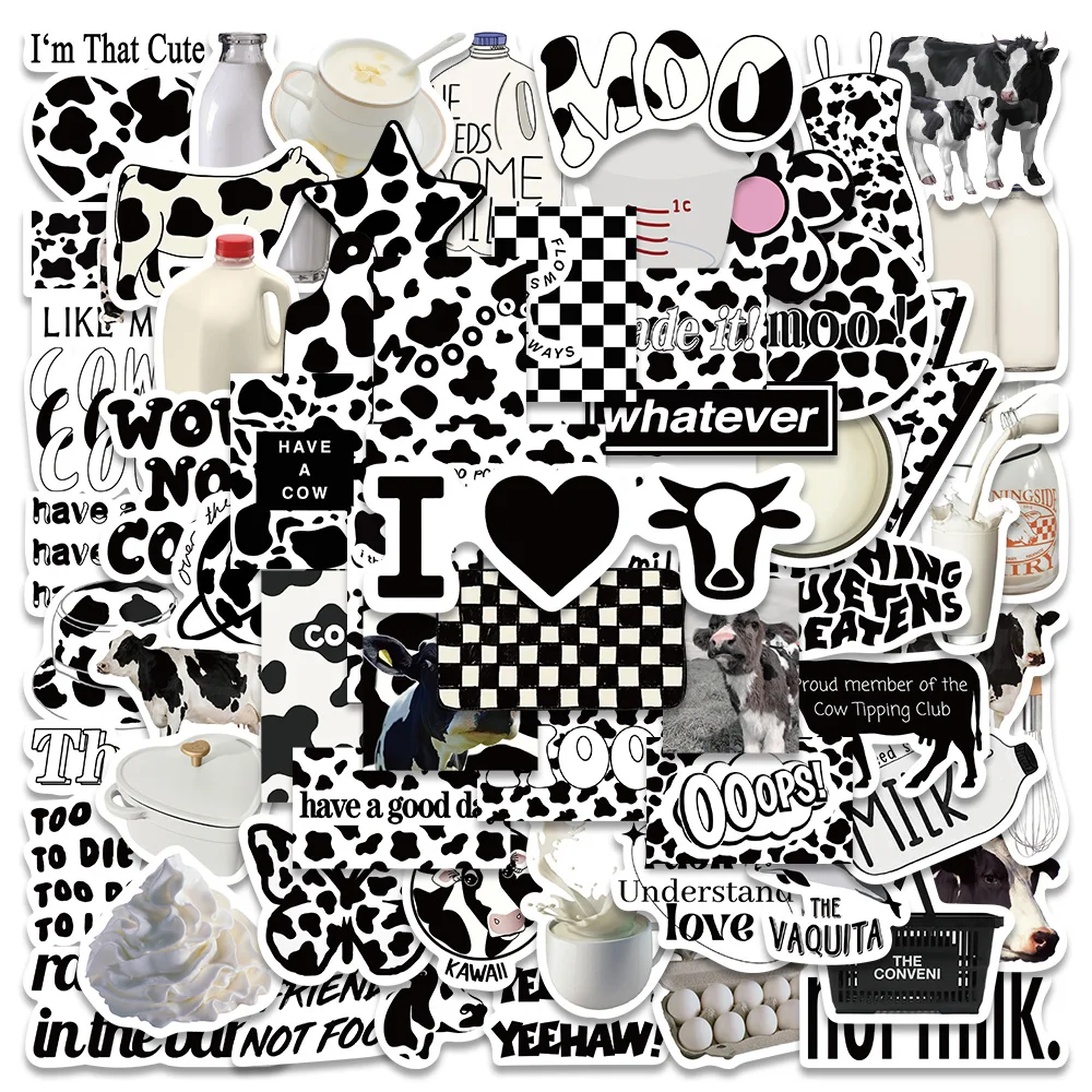 

65PCS Ins Style Black White COW Milk Graffiti Stickers Aesthetic Cartoon Decal Toys Skateboard Guitar book Phone Bike Sticker