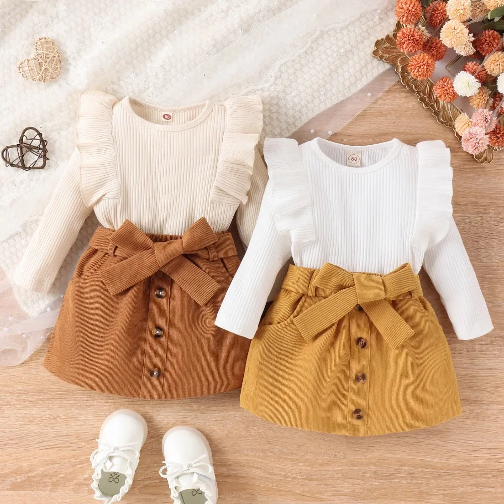 

Autumn Kids Girls Clothes Sets Solid Pit Stripe Fly Sleeved Long Sleeved Top+Corduroy Short Skirt 2pcs Children Outfits Suits