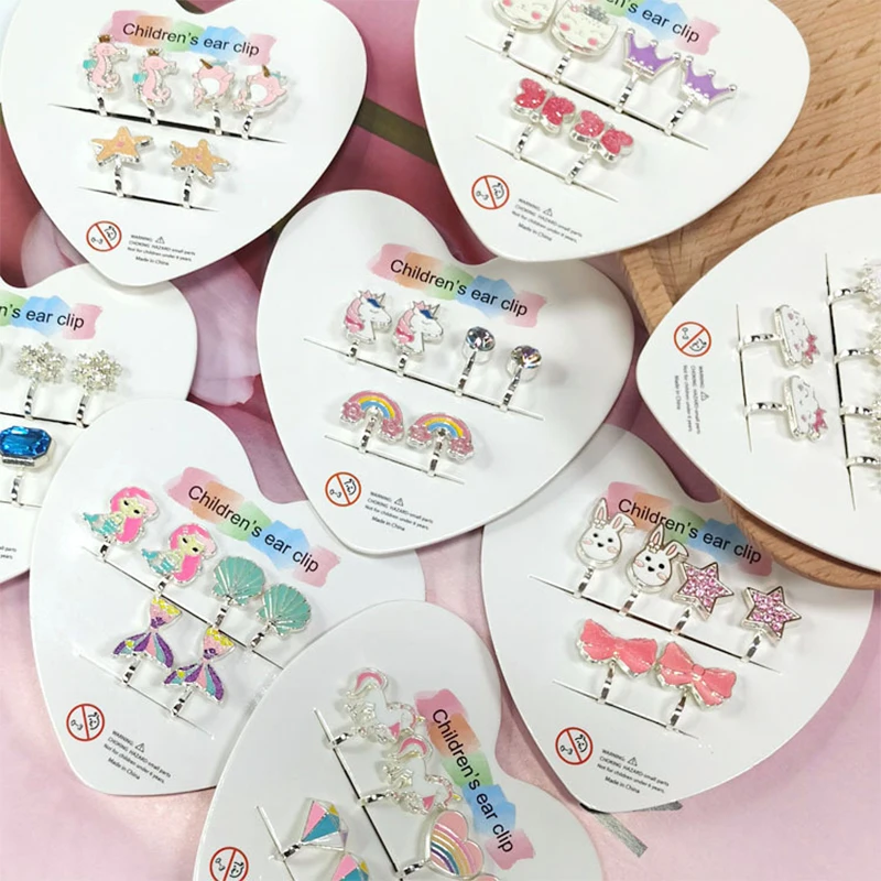 Cute Unicorn Mermaid Resin Earrings 7PRS/SET Ear Clips on Earrings for Girls No Piercing Kid Christmas Gift ear clip earrings clip earrings ear clip ear accessories