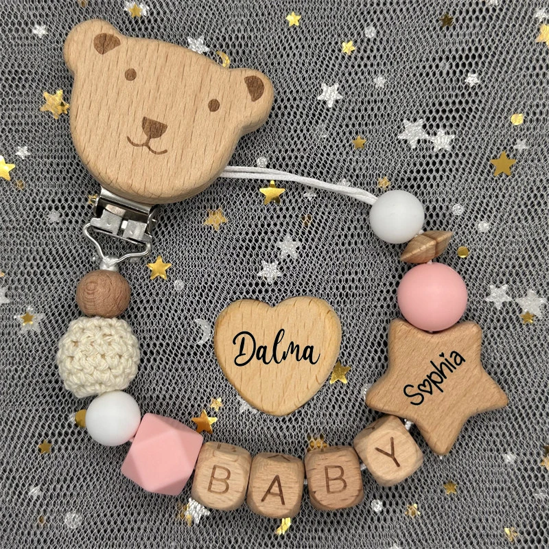 

NEW Custom Name Wooden Personalized Baby Pacifier Chain Beech Bead Dummy Nipple Holder Guard Teether Pendant Newborn Mother Gift
