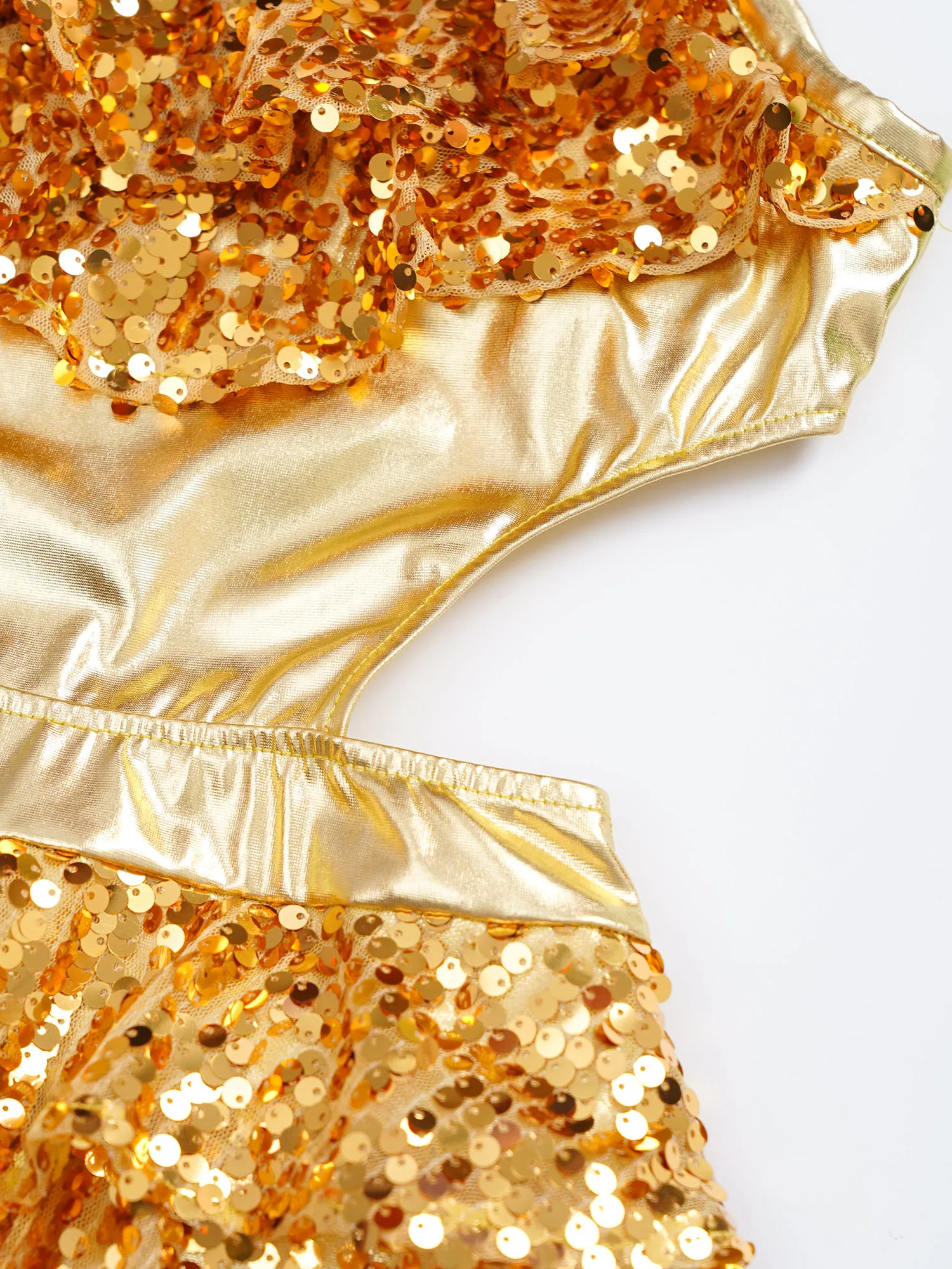Dance Dress, Dance Bodysuit: Kids Girls Latin Jazz Dance Cha-cha Samba Rumba Performance Costume Sleeveless Sequins Cutout Metallic Tiered Bodysuit Dress