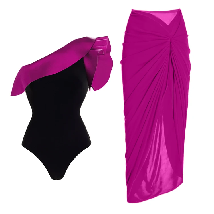

2023 Sexy One Shoulder Ruffle Color Block Swimsuit and Sarong Women Swimwear Push Up Bathing Suit Monokini