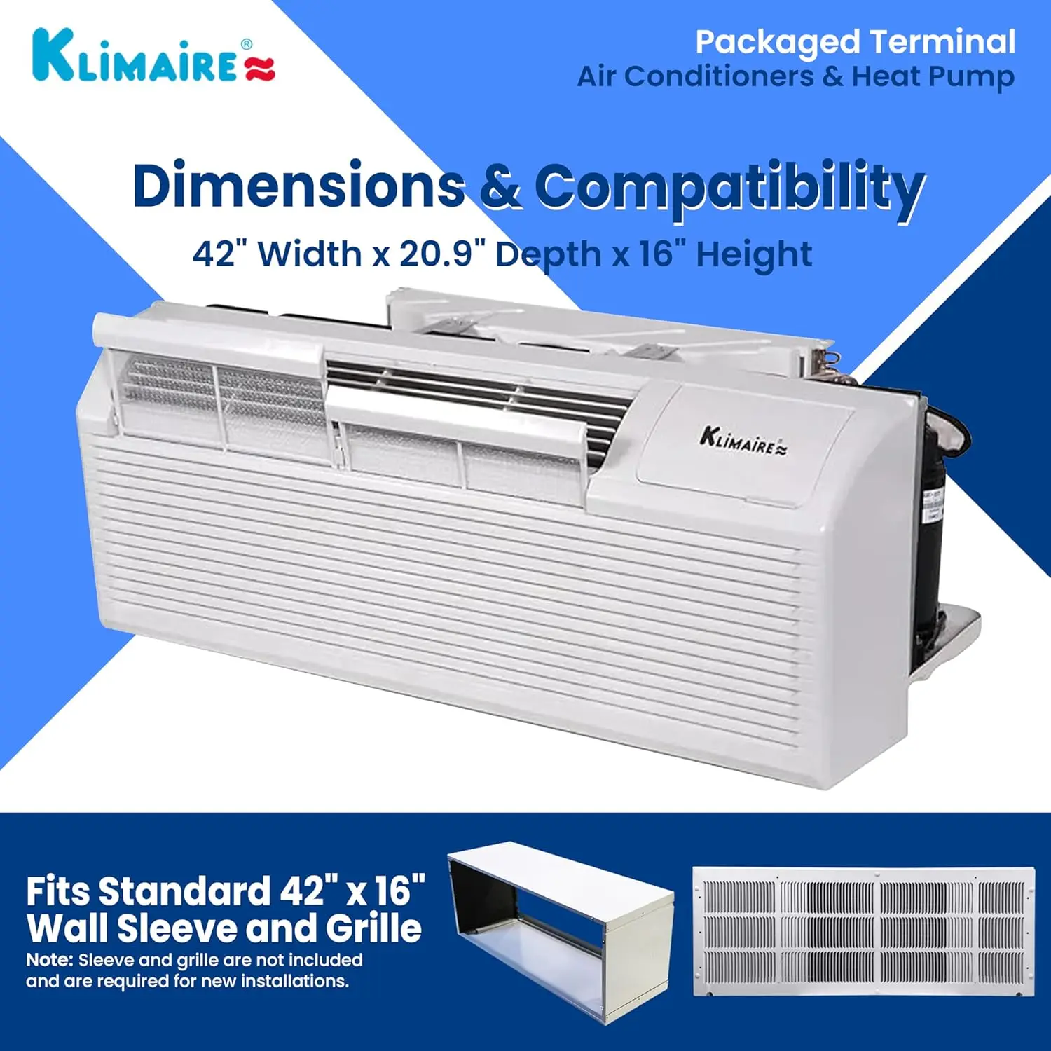 9,000 BTU PTAC Heat Pump A/C R-32 Wi-Fi Enabled with 3.5kW Electric Heater, Remote Control, Drain Kit - 230V 5