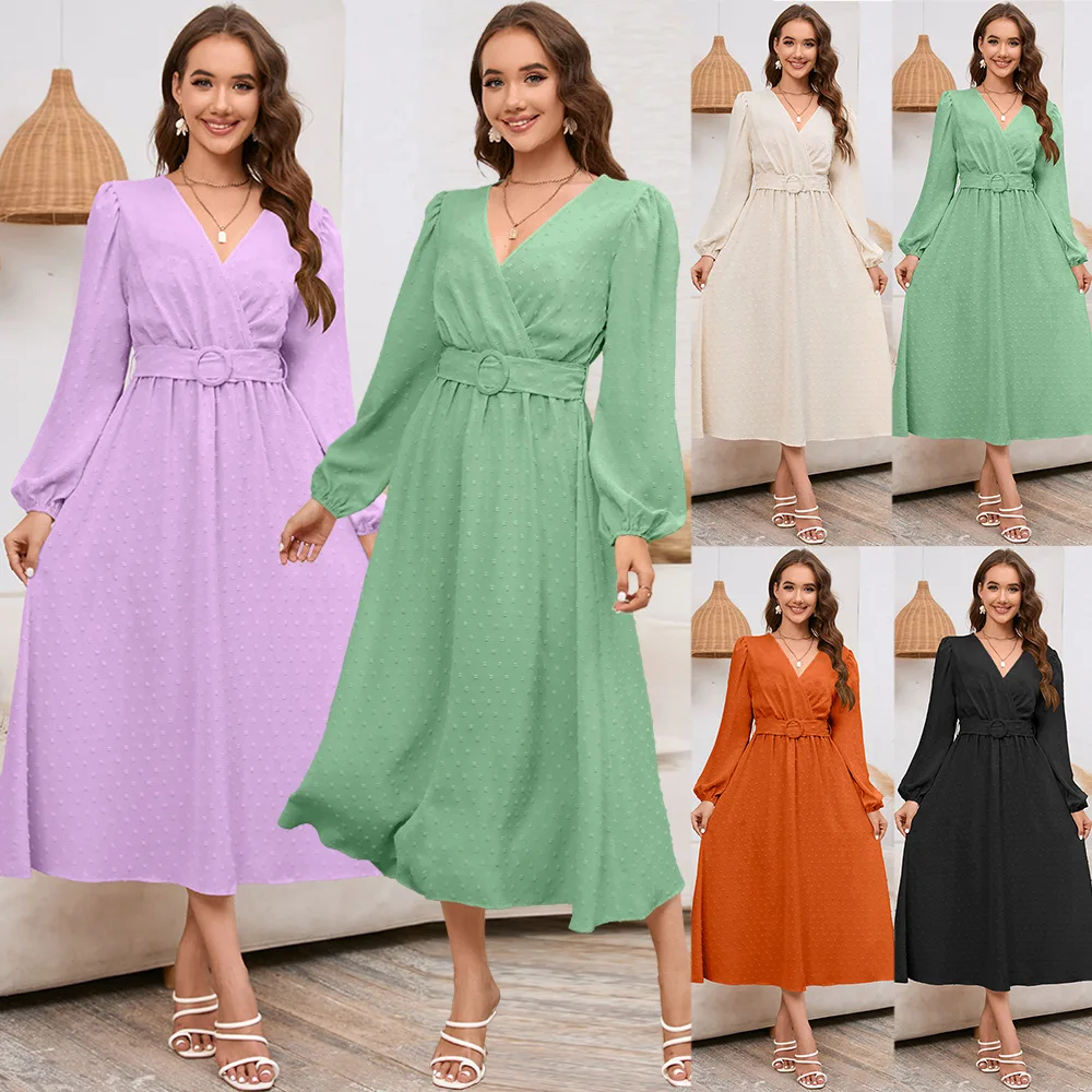 

Women Dresses V Neck Long Sleeve Slim Fit Dress Elastic Waist Solid Color Patchwork Casual Pullover Office Lady Autumn Vestidos