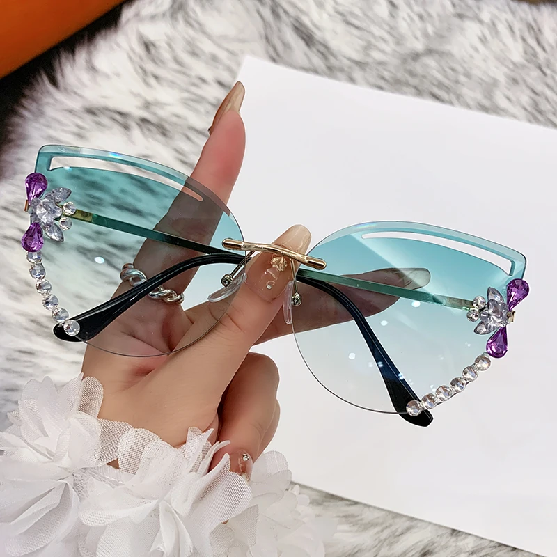 السيدات الماس 2025 العلامة التجارية الفاخرة تصميم بدون شفة حجر الراين النظارات الشمسية النساء الرجال موضة التدرج عدسة نظارات شمسية ظلال