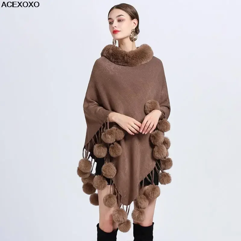 

2023 new winter imitation collar shawl coat otter rabbit hair ball sleeve knitted shawl women's head jacket