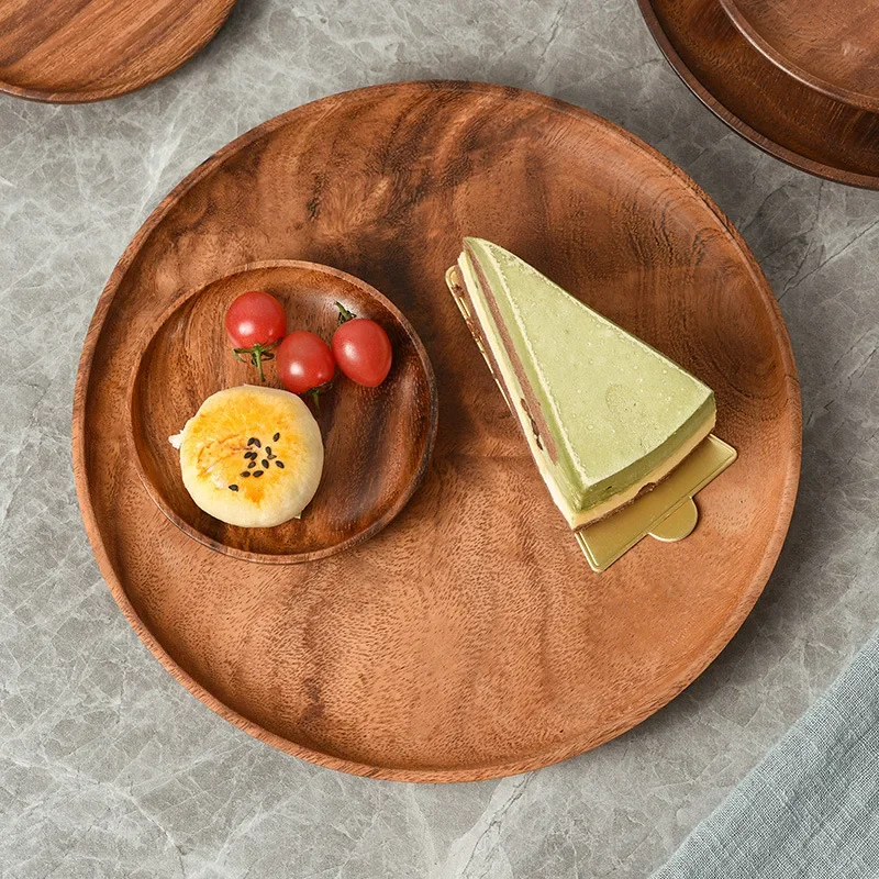 Japanese Household Dishes Acacia Wood Round Tableware Salad Dessert Tray Vintage Wood Dinnerware Set Plates Serving Platter 2