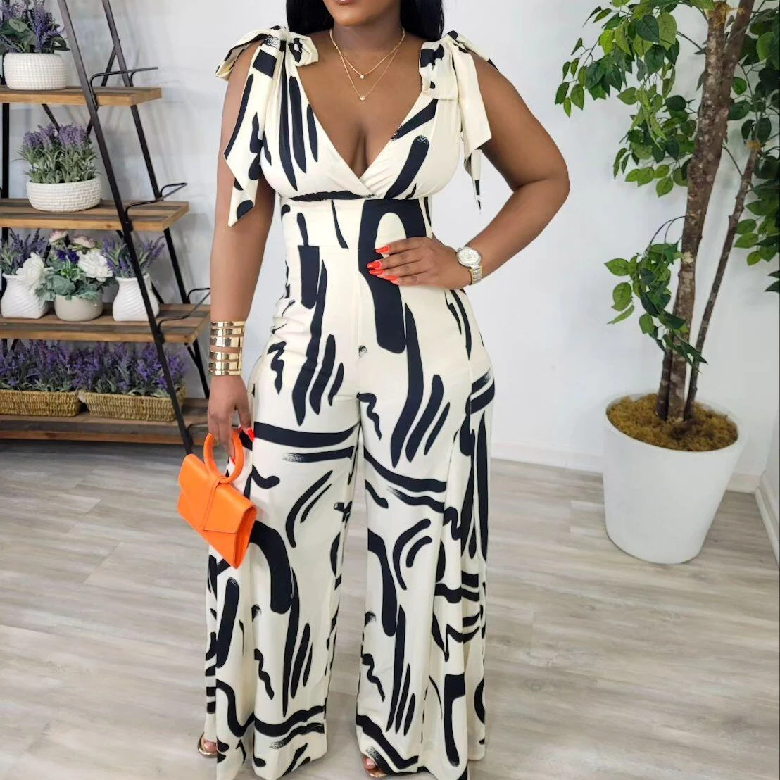 

Summer Sexy Abstract Print Wide Leg Jumpsuit Deep V Lace-Up Backless Women Street Fashion Jumpsuit