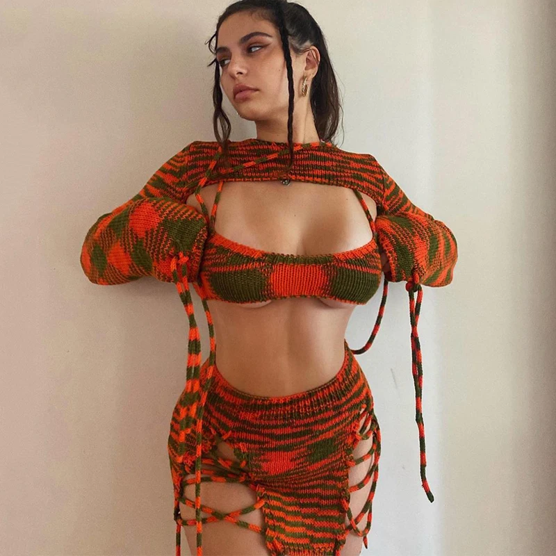 

Fashion Print Knitting Women Long Sleeve Crop Top Drawstring Mini Dress 2 Piece Set 2023 Autumn Y2K Streetwear Outfit Fashion
