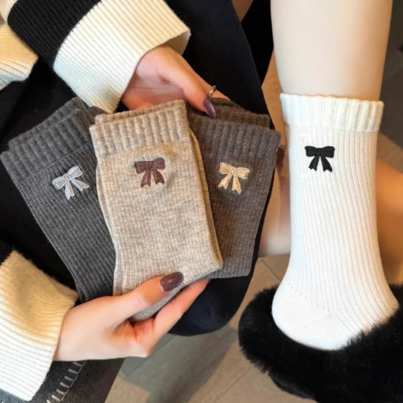6pairs Bowknot Print Warm Fluffy Socks Autumn Winter Home Sleep Socks Soft Cotton Footwear Accessories for Daily Casual Style
