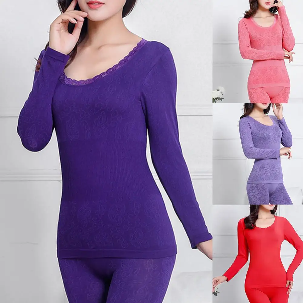 Thermal Underwear Sets Women 2Pcs Winter O Neck Top Long Pants