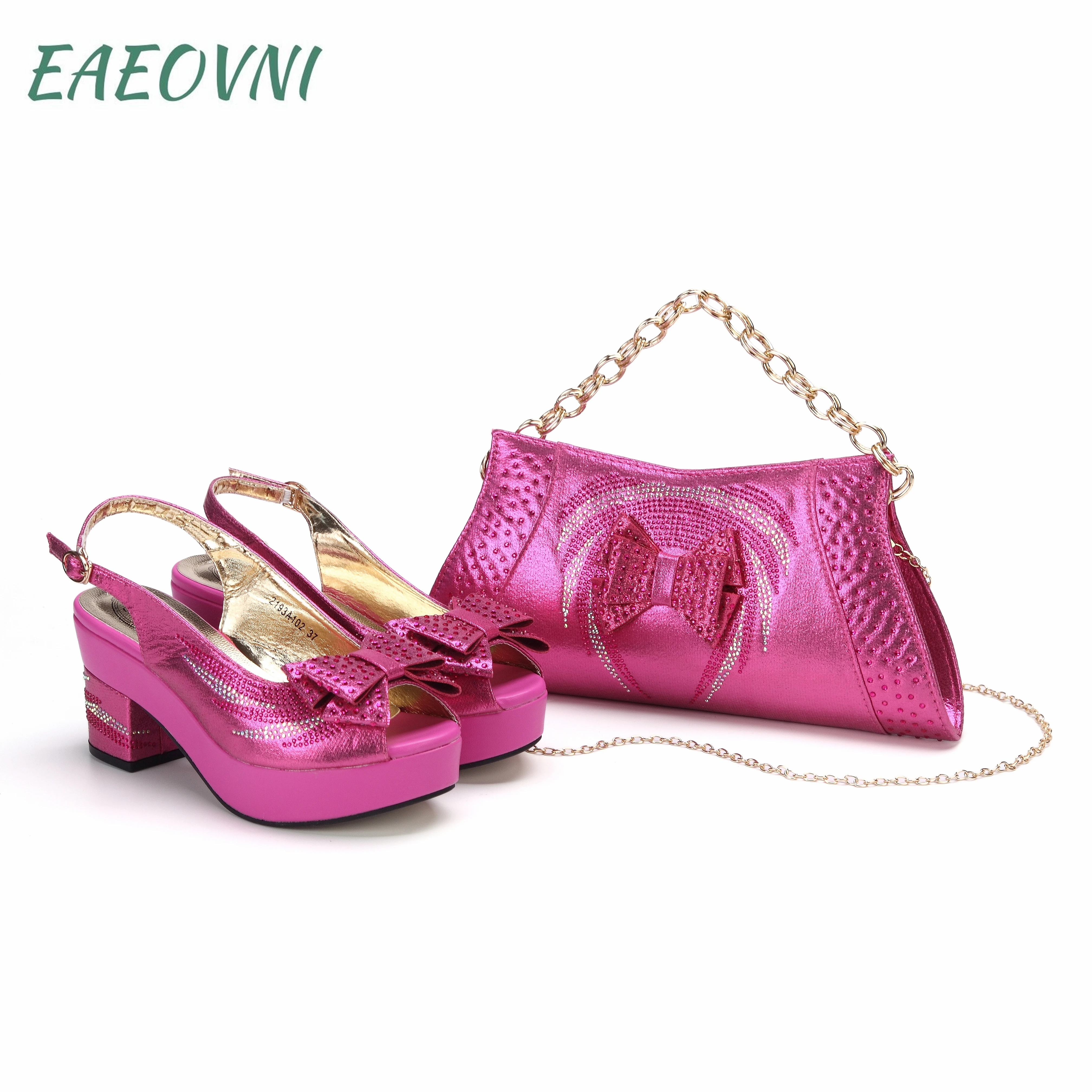 

Latest Summer Fuchsia Color Peep Toe Ladies Sandals Shoes and Bag Set Decotate with Crystal For Women Party Pump