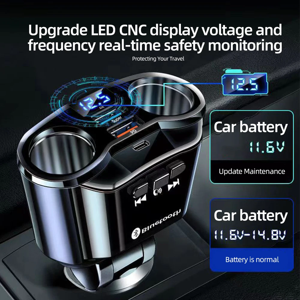 Car Charger Car Phone Charger Car Handsfree Bluetooth FM Transmitter 12V LED Display Dual USB Car Charger Auto Cigarette Lighter Support U Disk Music Play