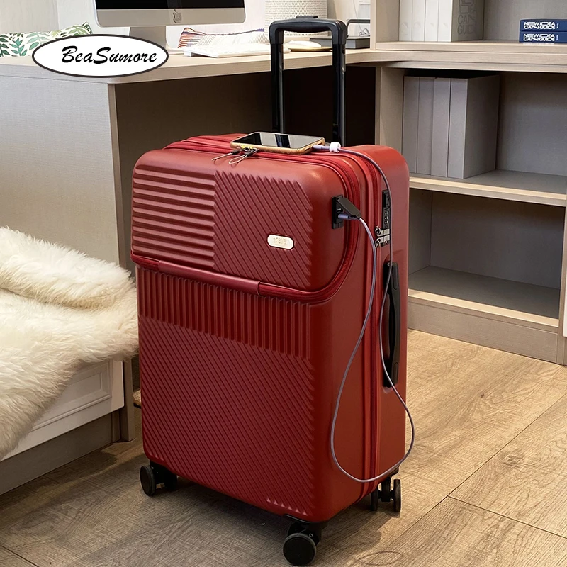 BeaSumore Front opening USB Rolling Luggage Spinner 20 inch Suitcase Wheel Cabin Trolley Women's Handbag Travel Bag Travel Bag Pull Bar Suitcase