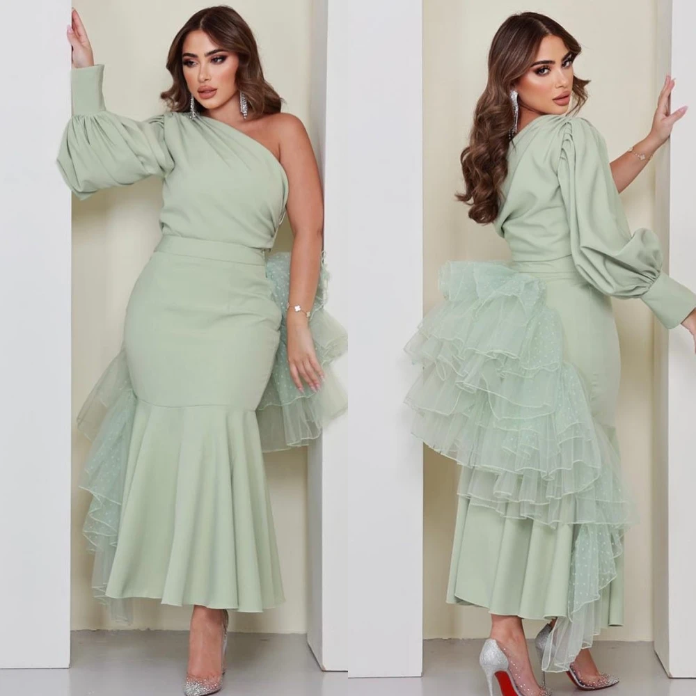 

Ball Dress Evening Prom Jersey Ruffles Birthday Trumpet One-shoulder Bespoke Occasion Gown Midi Es Saudi Arabia