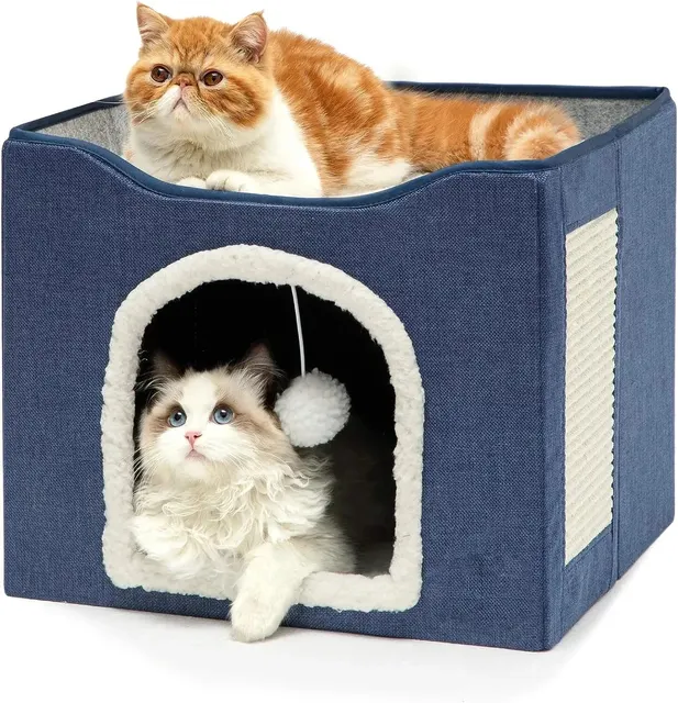 Large Cat Bed with Fluffy Ball Hanging and Scratch Pad Double Layered Foldable Cat Beds for Indoor Cats Sleeping All Seasons 4