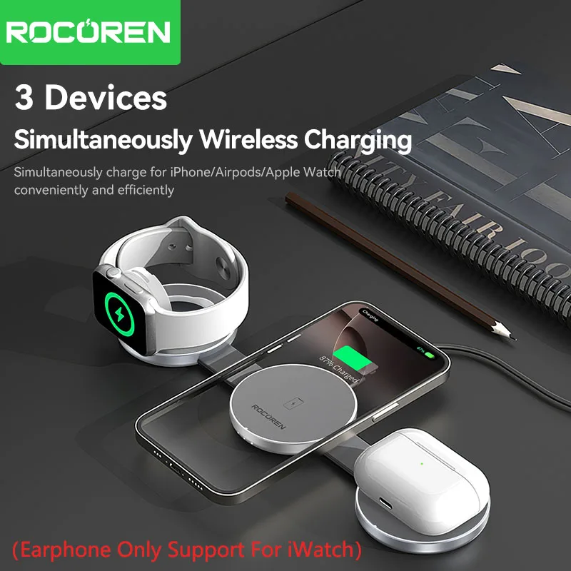 Rocoren Foldable 3 in 1 Magnetic Wireless Charger Portable Fast Charging Dock Station For iPhone 16 15 14 Pro Max iWatch AirPods Best Sellers In Phones Accessories
