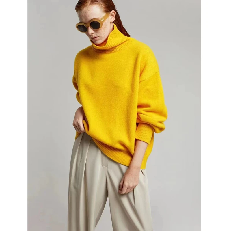 Turtleneck Rib Sweater    Women's Ken Dou Same Wool Knit High Neck Pullover Slouchy Coarse woolen Knitted ribbed womens pullovers Petite size relaxed oversized Sweaters for woman in yellow Fr@nkieShop