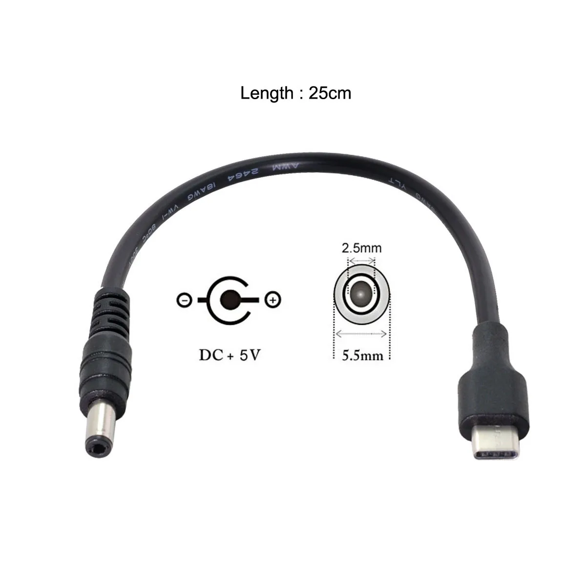 Cablecc USB 3.1 Type C USB-C to 5V DC 5.5*2.5mm Power Plug Extension Charge Cable 25cm for Cell Phone