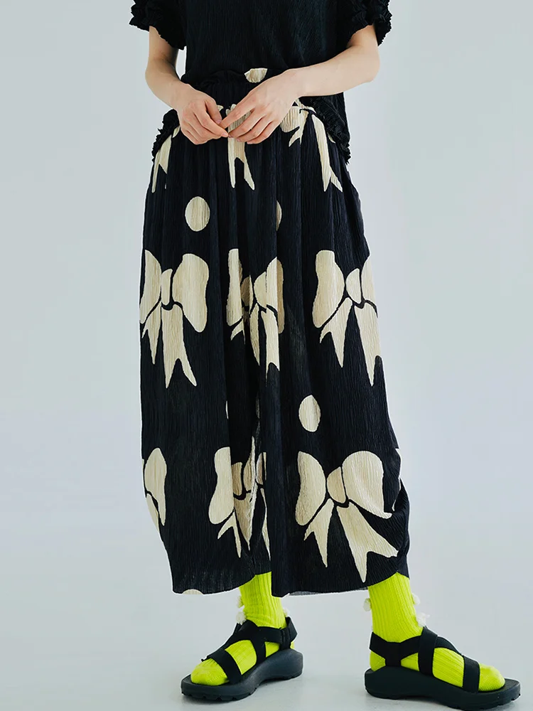 

black pleated bow thigh pants women loose summer all-match elegant girl baggy pants