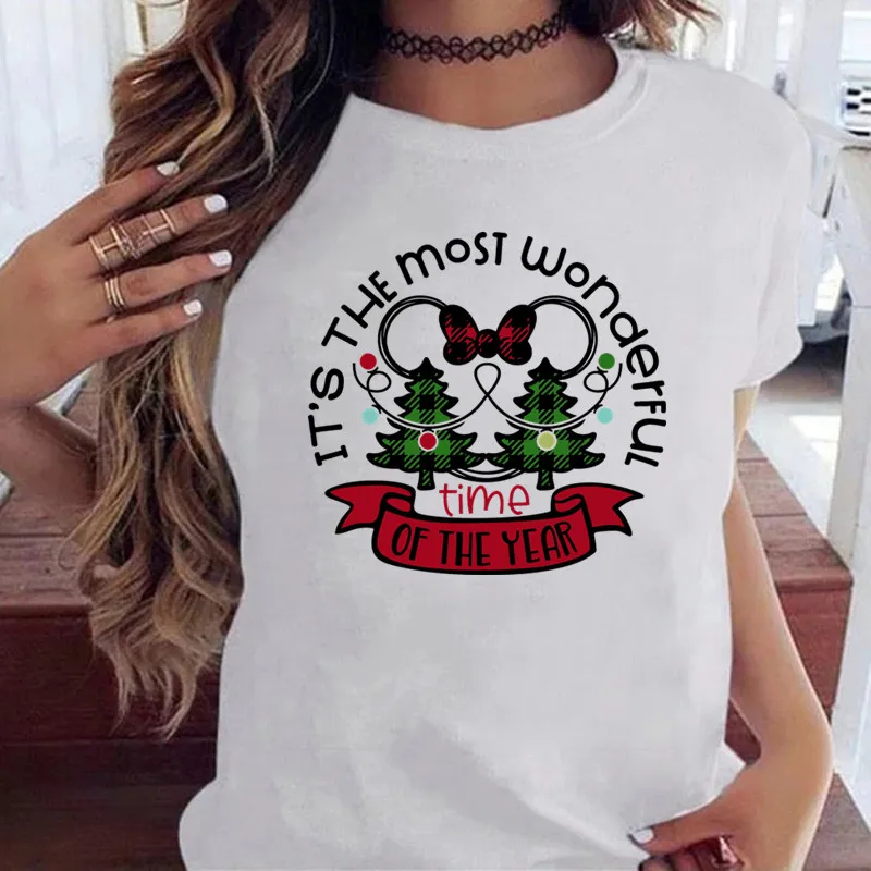 Disney È Il Tempo Più Meraviglioso Dell'Anno Abbigliamento Donna Minnie Head T-Shirt Casual A Maniche Corte Bianche Top Di Capodanno
