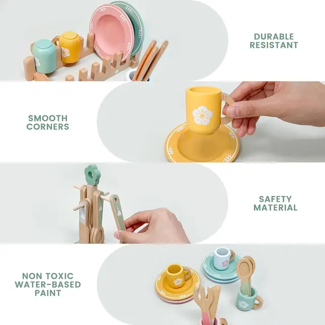 Wooden Kitchen Pretend Play Set Montessori Simulation Plates Dishes Accessories Kitchen Playset Toy for Toddlers Gifts Ages 3+ 4
