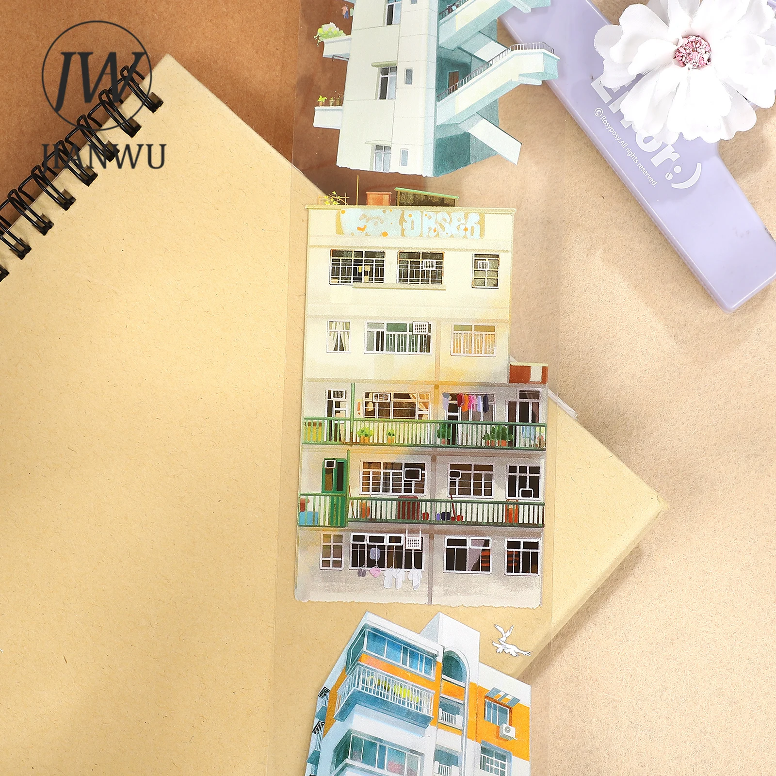 JIANWU 70mm*5.2m 빈티지 도시 고층 빌딩 풍경 재료 콜라주 스크랩북 PET 테이프 크리에이티브 저널 문구