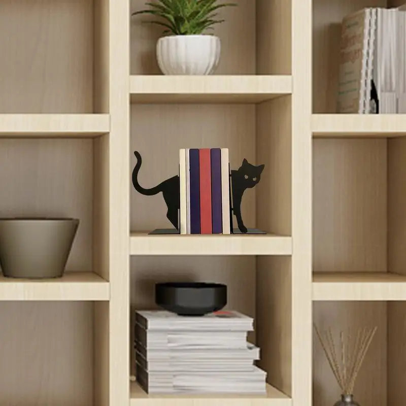 Household Metal Animal Bookends 1 Pair Cute Cat Bookends For Heavy Books Black Creative And Cute Cat Shape