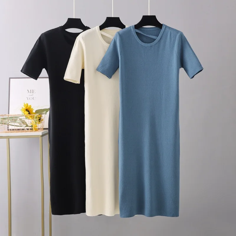 

Spring And Summer New Women's Cored Yarn T-shirt Dress Loose And Slim Medium Length Round Neck Short Sleeve Knitted Dress