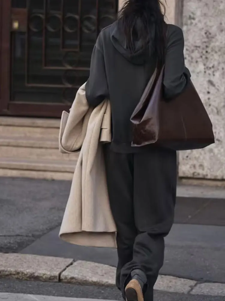 HH Autumn Women Fleece Coat Pant Sets Long Sleeve Hooded Sweatshirt Casual Drawstring Straight Trousers Office Lady Outfit