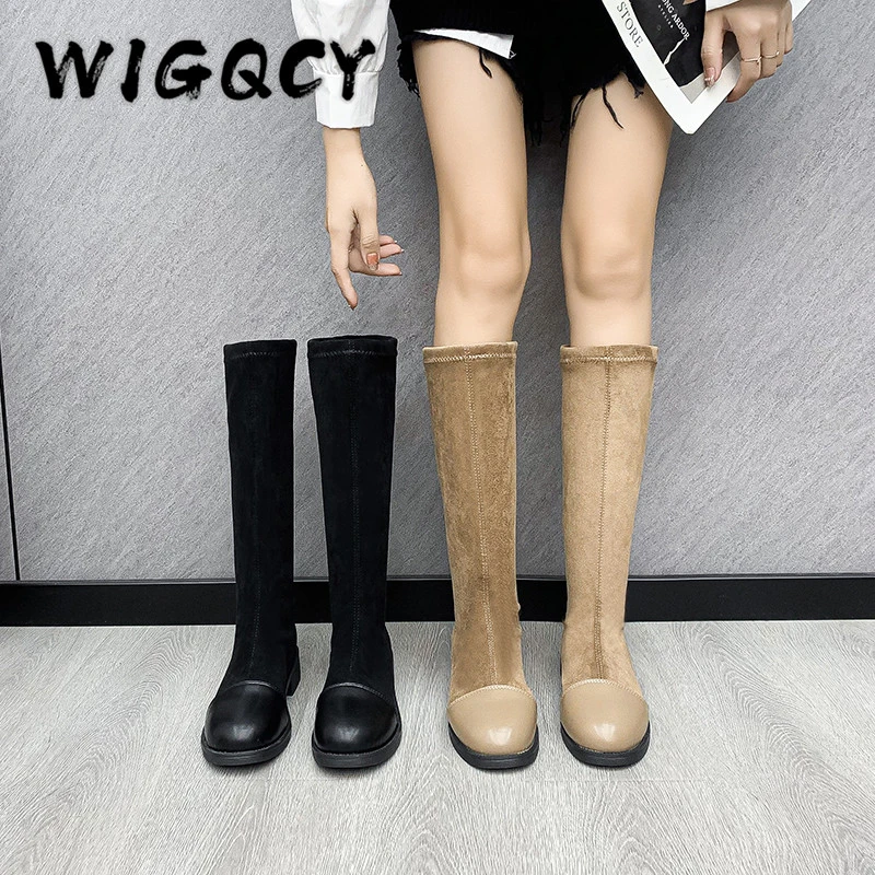 Botas de media para mujer, de tacón cuadrado, Sexy, punta redonda, de retales, talla grande, cálidos, sin cordones, a la moda, Invierno|Botas a media pantorrilla| - AliExpress