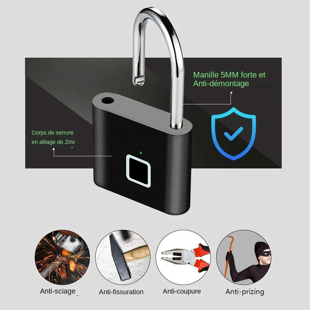 키리스 USB 충전 지문 잠금 스마트 자물쇠, 방수 문짝 잠금, 0.2 초 잠금 해제, 휴대용 도난 방지 자물쇠 아연
