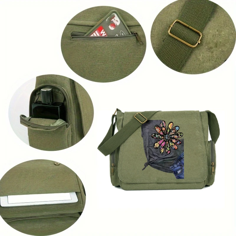 Retro Women's Shoulder Bag Canvas Messenger Bag Colorful Floral Print Large Capacity Travel Women's Bag