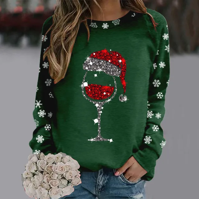 Merry Christmas Glass Snowflake Print Hoodies Round Neck Casual Loose Fit Pullover Tops Women Long Sleeve Autumn Sweatshirt 3