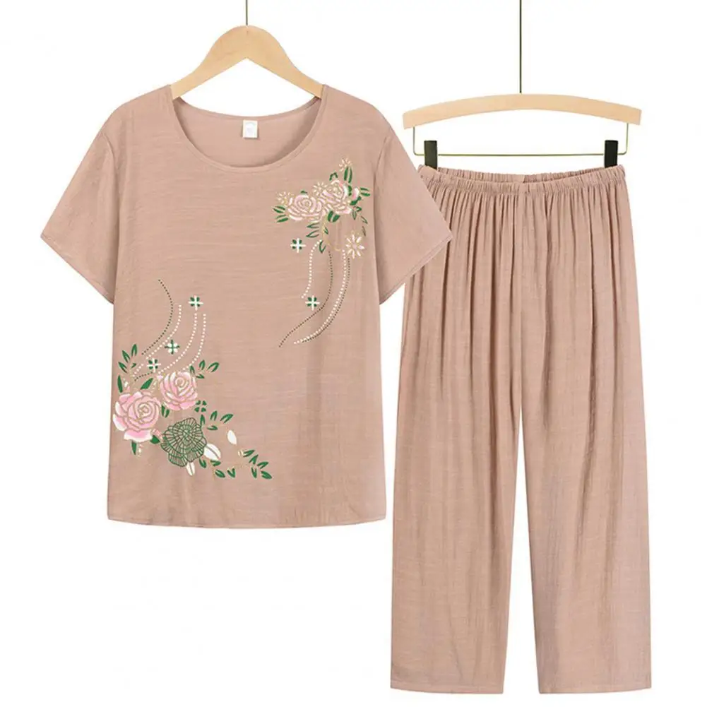 

Summer Women Homewear Pajama Suit Short Sleeve Floral Print T-shirt and Pants Two Pieces Set Loose Female Outfit Mom Middle-aged