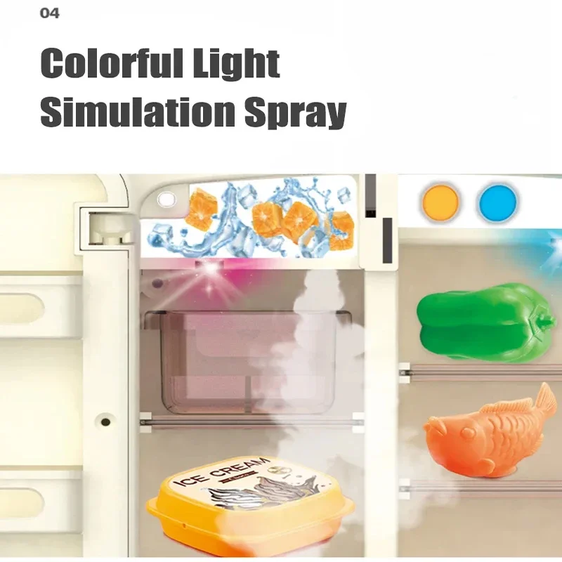 Mini Double Door Refrigerator Simulation Fridge Kitchen Furniture Pretend Play Educational Toy Light Spray Music Children's Gift