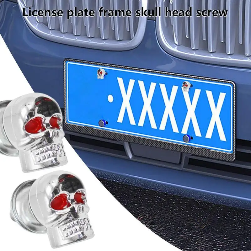 Skull Head Screw 3D Skull Red Eye Design License Plate Fixing Nut Automobile Accessories License Plate Frames