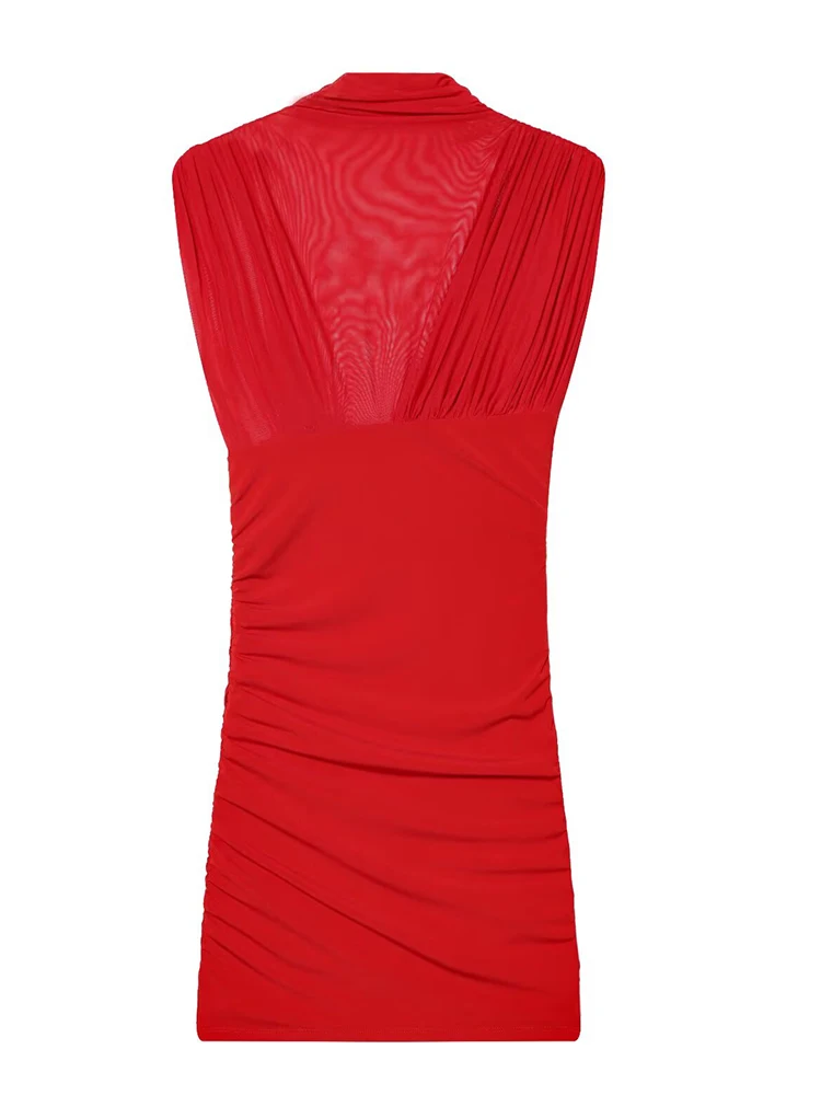 Women's Dress 2025 New Red Sleeveless Mesh Patchwork Pleated Decorative Slim Fit Mini Dresses Elegant and Fashionable Dress