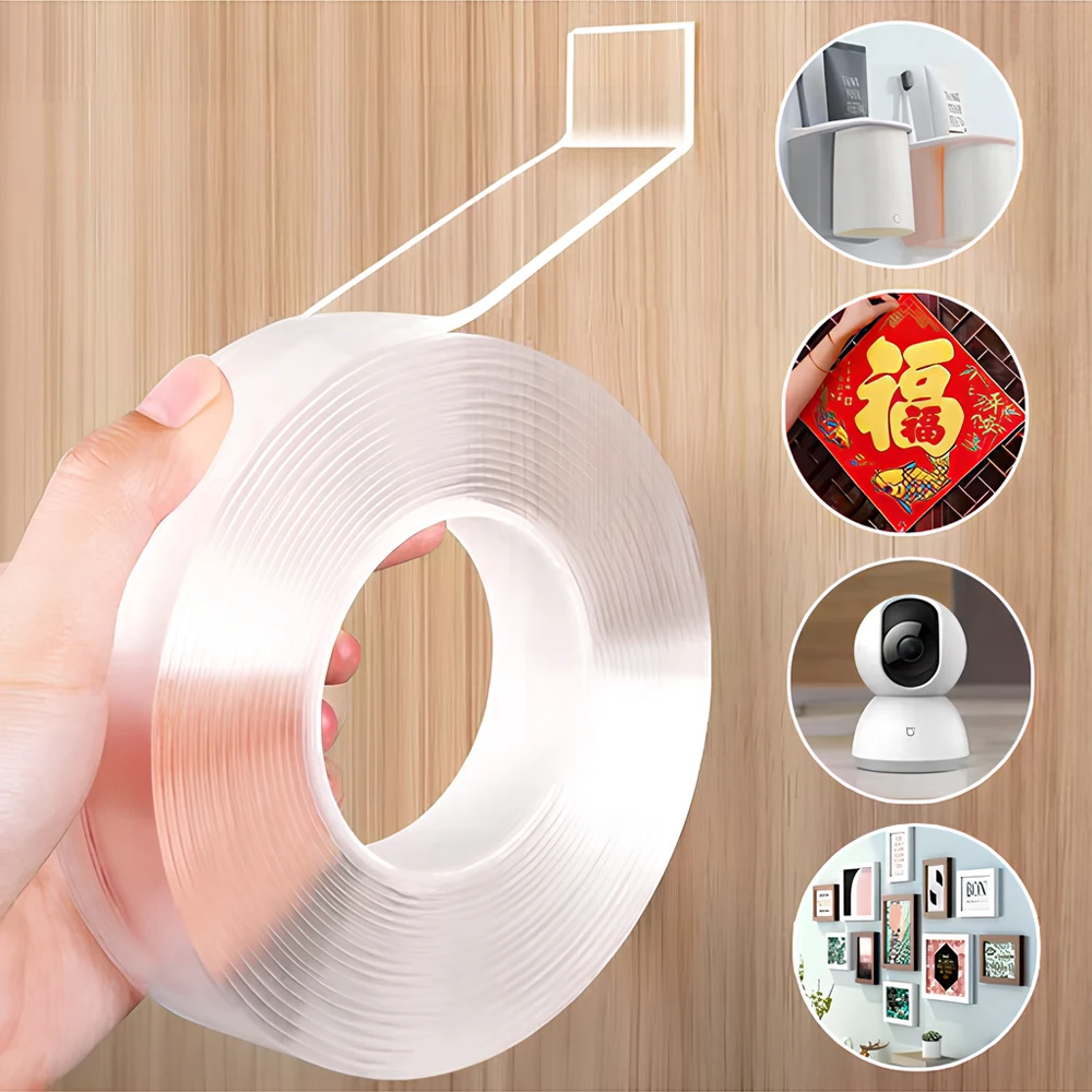Double Sided Tape 1m3m5m 1mm Thickness Nano Tape Waterproof Wall Sticker Reusable Heat Resistant Bathroom Home Decoration Transparent
