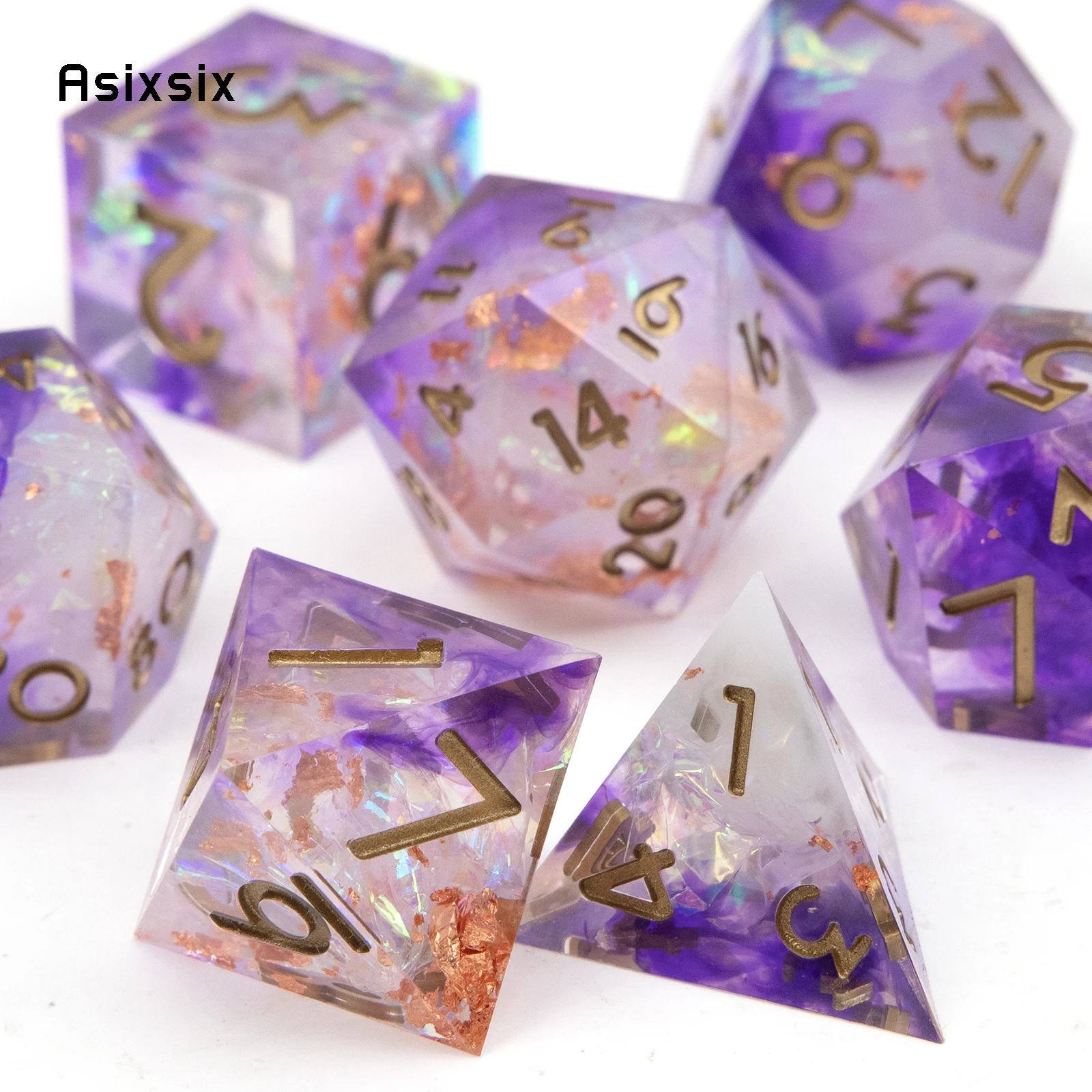 7 Pcs Purple White Resin Golden Number Sharp Edge Dice Polyhedral Dice Suitable for Role-Playing RPG Board Game