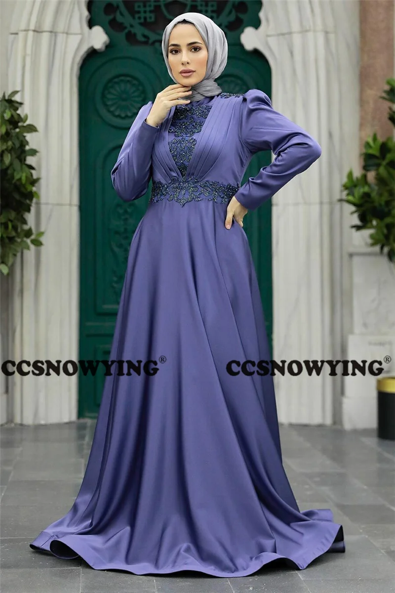 

Satin Appliques Long Sleeve Hijab Muslim Evening Gown Islamic Formal Party Dresses Women Arabic Kaftan Robe De Soiree
