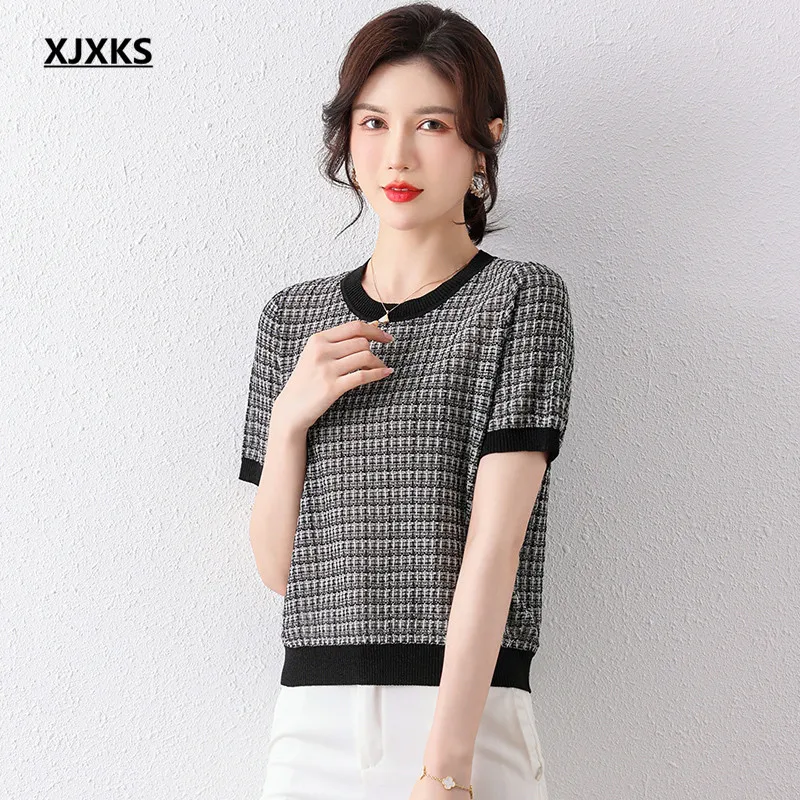 

XJXKS 2022 Summer New Women's T-shirt High-end Ice Linen Knitted Top Comfortable Female Loose Large Size Short-sleeved Pullover