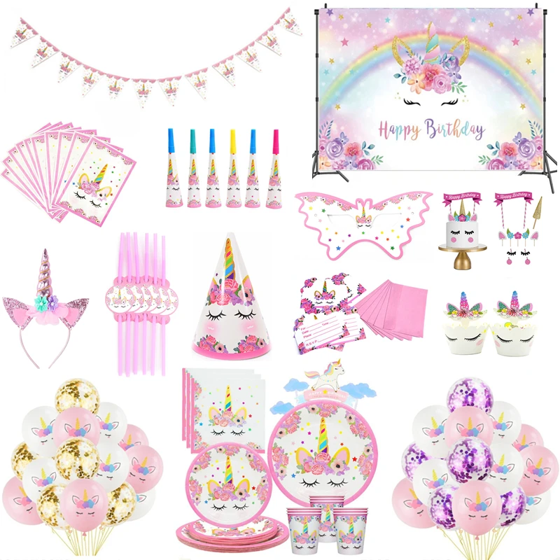Unicorn-Party-Supplies-Unicorn-Tableware-Balloons-Napkin-Cups-Plates ...