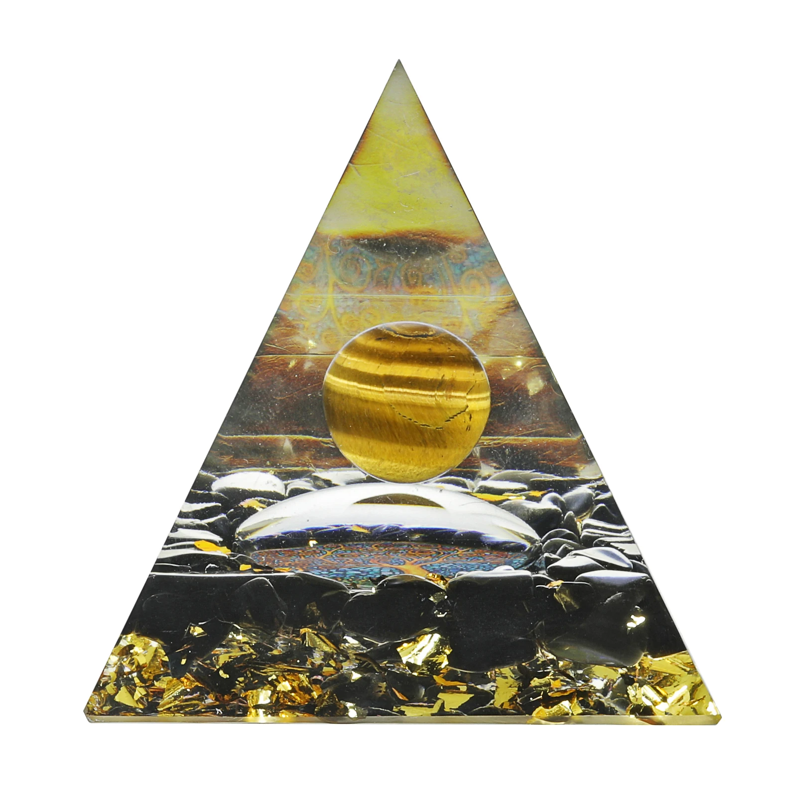 Natural Crystal Sphere Orgone Pyramid With Obsidian Tumbled Stones & Snail Symbol Orgonite Generator For Chakra Balancing