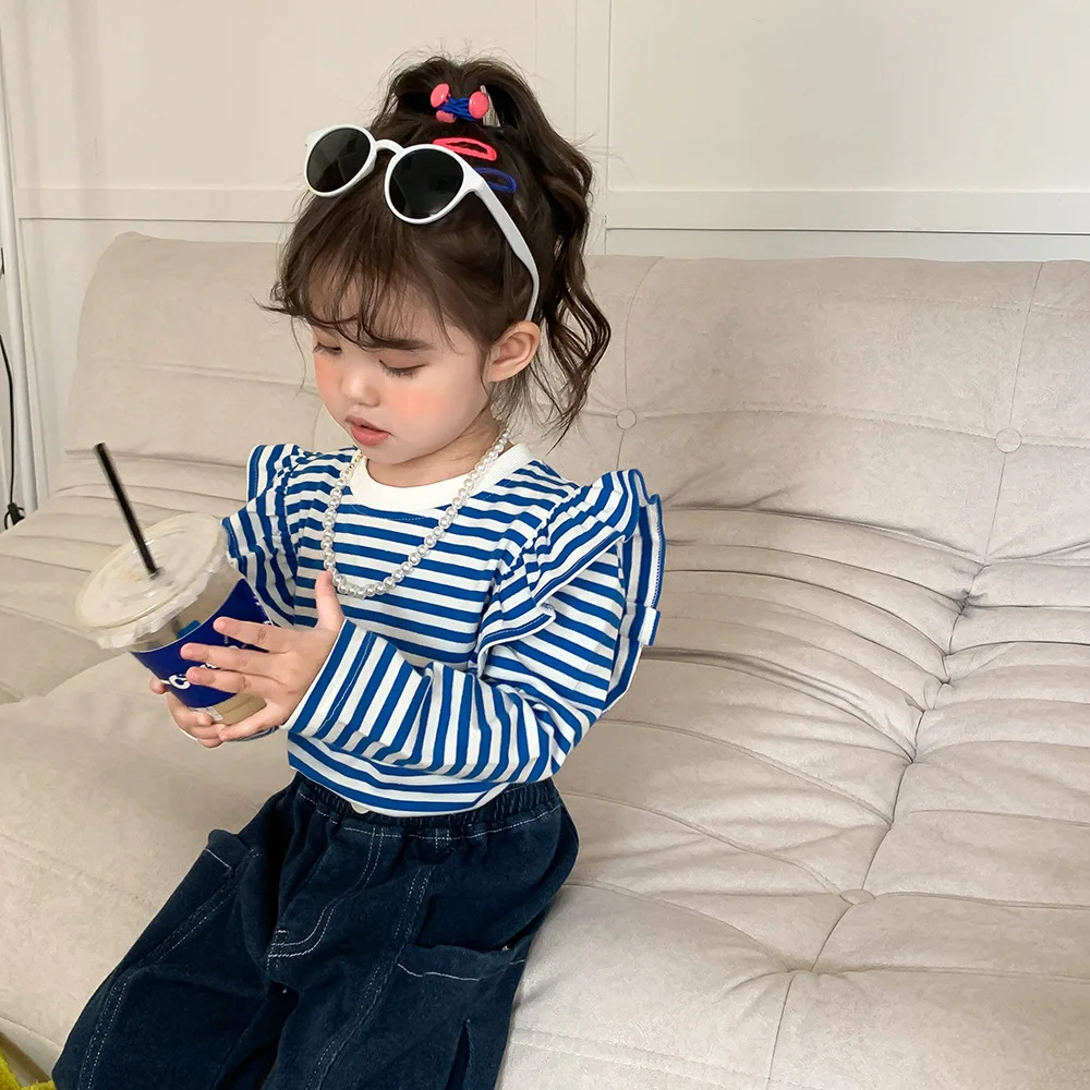 Children's Clothing Girls' T-shirt Autumn Clothes 2023 New Korean Style Lotus Sleeve Top Stripe Flying Sleeve Bottom Shirt - Image 3