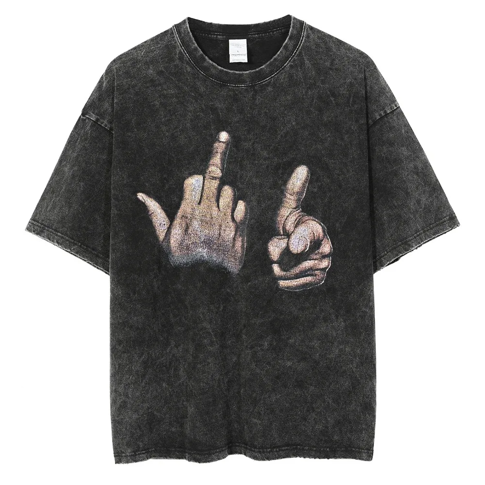 

Retro Tshirt Men Oversized Despise Gesture Graphic T-Shirt Hip-Hop Streetwear Cotton Summer Washed Short Sleeve Vintage T-Shirt