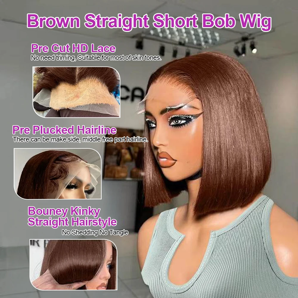 Perruques frontales en dentelle de cheveux humains sans colle, densité 250, style bob, lisses, brun chocolat, 13×4, origine vietnamienne