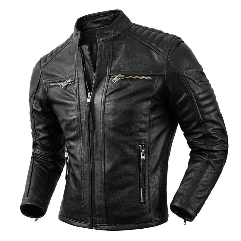 New Trending Motorcycle Causal Vintage Leather Jacket Coat -Men Autumn Outfit Fashion PU Leather Jacket (D100)(TM3)