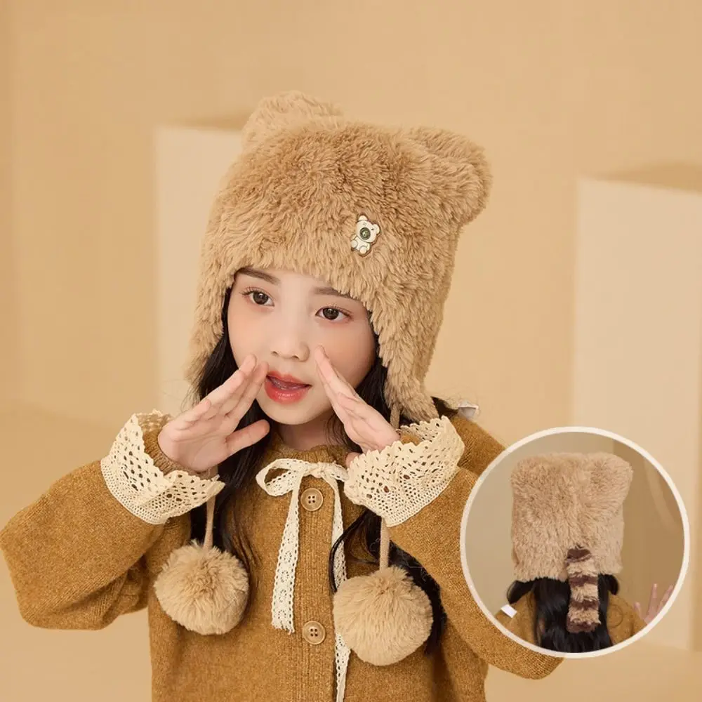 

Warm Children's Winter Hats Bear Winter Cute Plush Ear Protection Hat Fluffy Knitted Bucket Cap Women